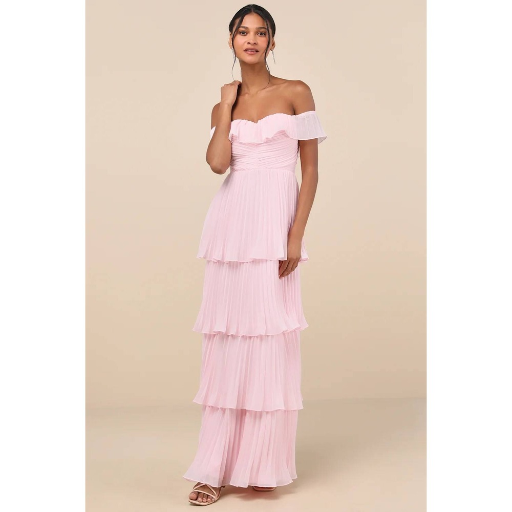 Lulus Always Remarkable Pink Pleated Off-the-Shoulder Maxi Dress Size Medium
